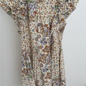 Olivaceous Cream Floral Ruffle Dress with Brown, Green & Purple Accents